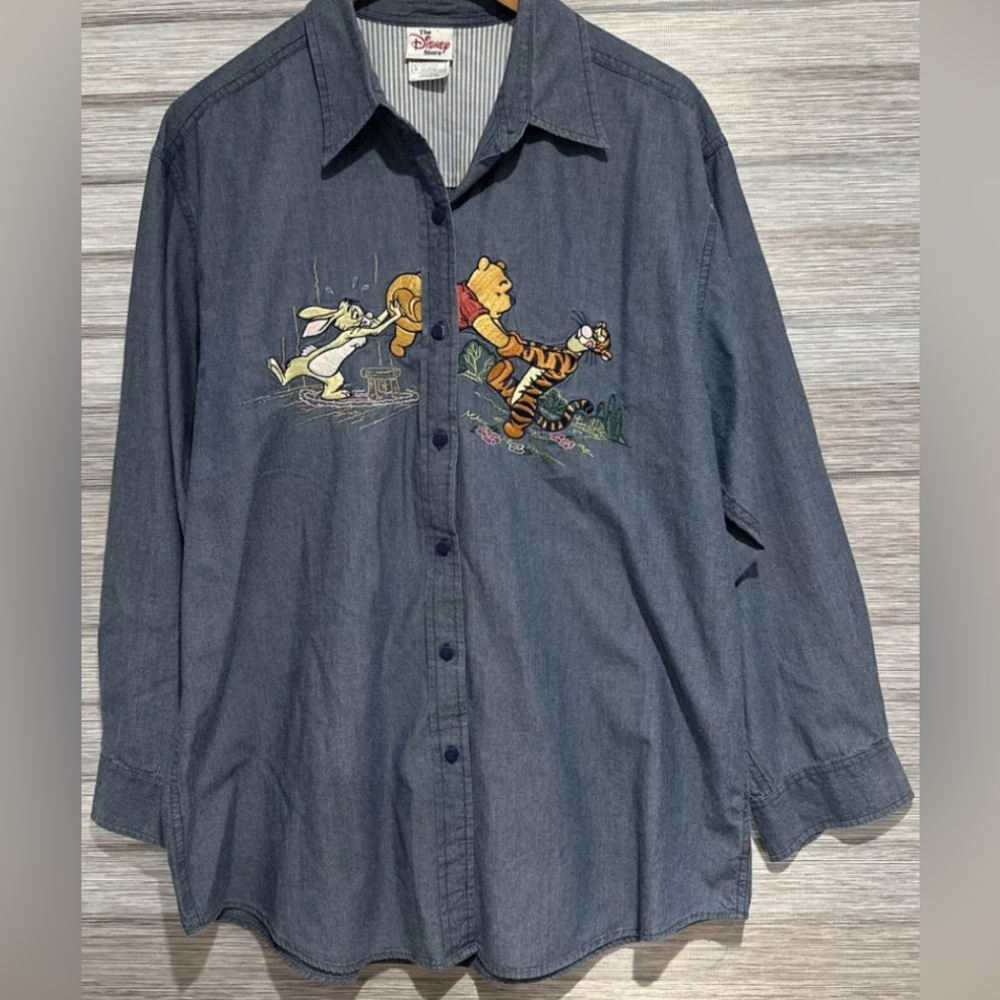 Vintage Winnie The Pooh Button Down Denim Shirt Embroidered Tigger Pooh Rabbit